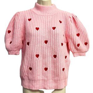 English Factory Sweater Small Pink Puff Sleeve Red Heart Knit Valentine’s Day‎